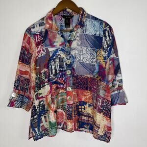 Ali Miles Shirt Womens Small Multicolor Art Top Patchwork Button Front